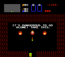 A screenshot of an 8-bit Zelda game, where a white wizard prsents Link with a sword